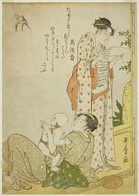 Evening Cool on the Verandah (Ensaki no yusuzumi): Genre scenes with kyoka poems, in aiban format (Kyoka-iri aiban fuzoku zu) by Kitagawa Utamaro