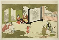 Performance of a Trained Monkey, from an illustrated poetry anthology entitled "The Young God Ebisu (Waka Ebisu)" by Kitagawa Utamaro