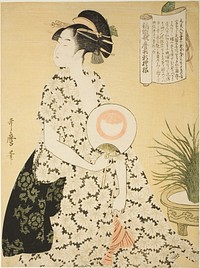 Beauty Wearing a Summer Kimono, from the series “New Patterns of Brocade Woven in Utamaro Style" ("Nishiki-ori Utamaro-gata-shinmoyo") by Kitagawa Utamaro