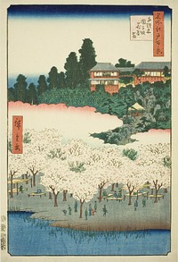 The Flower Pavilion on Dango Slope, Sendagi (Sendagi Dangozaka Hanayashiki), from the series "One Hundred Famous Views of Edo (Meisho Edo hyakkei)" by Utagawa Hiroshige