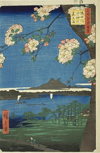Suijin Shrine and Massaki on the Sumida River (Sumidagawa Suijin no mori Massaki), from the series "One Hundred Famous Views of Edo (Meisho Edo hyakkei)" by Utagawa Hiroshige