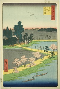 The Entwined Camphor Trees at Azuma Shrine (Azuma no mori Renri no azusa), from the series "One Hundred Famous Views of Edo (Meisho Edo hyakkei)" by Utagawa Hiroshige