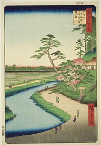 Basho's Hut on Camellia Hill Beside the Aquaduct at Sekiguchi (Sekiguchi josui-bata Bashoan Tsubakiyama), from the series "One Hundred Famous Views of Edo (Meisho Edo hyakkei)" by Utagawa Hiroshige