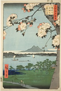 Suijin Shrine and Massaki on the Sumida River (Sumidagawa Suijin no mori Massaki), from the series "One Hundred Famous Views of Edo (Meisho Edo hyakkei)" by Utagawa Hiroshige