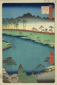 Kumano Junisha Shrine in Tsunohazu, Popularly Known as Juniso (Tsunohazu Kumano Junisha, zokusho Juniso), from the series "One Hundred Famous Views of Edo (Meisho Edo hyakkei)" by Utagawa Hiroshige