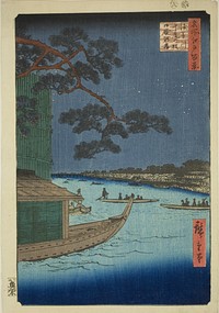 Pine of Success and Oumayagashi, Asakusa River (Asakusagawa Shubi no matsu Oumayagashi), from the series "One Hundred Famous Views of Edo (Meisho Edo hyakkei)" by Utagawa Hiroshige