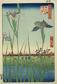 Irises at Horikiri (Horikiri no hanashobu), from the series "One Hundred Famous Views of Edo (Meisho Edo hyakkei)" by Utagawa Hiroshige