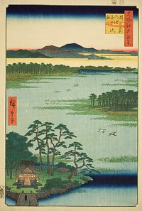 Benten Shrine and Inokashira Pond (Inokashira no ike Benten no yashiro), from the series "One Hundred Famous Views of Edo (Meisho Edo hyakkei)" by Utagawa Hiroshige