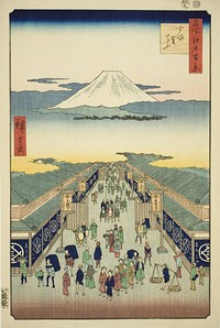 Surugacho, from the series "One Hundred Famous Views of Edo (Meisho Edo hyakkei)" by Utagawa Hiroshige