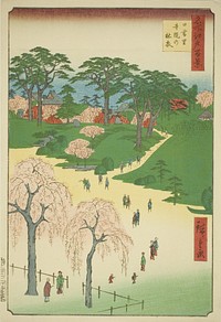 Temple Gardens in Nippori (Nippori jiin no rinsen), from the series "One Hundred Famous Views of Edo (Meisho Edo hyakkei)" by Utagawa Hiroshige