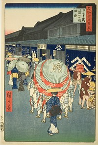 View of Nihonbashi Tori-itchome (Nihonbashi Tori-itchome ryakuzu), from the series "One Hundred Famous Views of Edo (Meisho Edo hyakkei)" by Utagawa Hiroshige