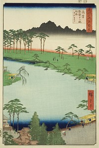 Kumano Junisha Shrine in Tsunohazu, Popularly Known as Juniso (Tsunohazu Kumano Junisha, zokusho Juniso), from the series "One Hundred Famous Views of Edo (Meisho Edo hyakkei)" by Utagawa Hiroshige