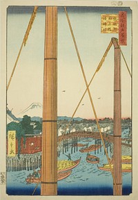 Inari Bridge and Minato Shrine, Teppozu (Teppozu Inaribashi Minato Jinja), from the series "One Hundred Famous Views of Edo (Meisho Edo hyakkei)" by Utagawa Hiroshige