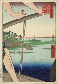 Haneda Ferry and Benten Shrine (Haneda no watashi Benten no yashiro), from the series "One Hundred Famous Views of Edo (Meisho Edo hyakkei)" by Utagawa Hiroshige