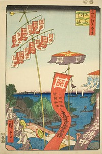 Kanasugi Bridge at Shibaura (Kanasugibashi Shibaura), from the series "One Hundred Famous Views of Edo (Meisho Edo hyakkei)" by Utagawa Hiroshige