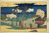 Cherry Blossoms in Rain at the Sumida Embankment (Sumida zutsumi uchu no sakura), from the series "Famous Places in Edo (Edo meisho no uchi)" by Utagawa Hiroshige