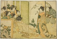 New Year Manzai Performance at a Feudal Lord's Mansion, from the illustrated book "Picture Book: Flowers of the Four Seasons (Ehon shiki no hana)," vol. 1 by Kitagawa Utamaro