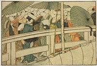 Crossing a Bridge in Summer, from the illustrated book "Picture Book: Flowers of the Four Seasons (Ehon shiki no hana)," vol. 1 by Kitagawa Utamaro