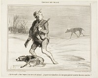 "- I wonder why this beast is following me all the time... I'll happily be paying 6 sous to jump on a bus," plate 1 from Émotions De Chasse by Honoré-Victorin Daumier