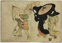 Two Women and Attendant Caught in a Storm, from the illustrated book "Picture Book: Flowers of the Four Seasons (Ehon shiki no hana)," vol. 2 by Kitagawa Utamaro