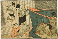 Women Inside a Mosquito Net During a Thunderstorm, from the illustrated book "Picture Book: Flowers of the Four Seasons (Ehon shiki no hana)," vol. 1 by Kitagawa Utamaro