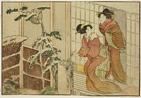 Two Women on Verandah on a Snowy Morning, from the illustrated book "Picture Book: Flowers of the Four Seasons (Ehon shiki no hana)," vol. 2 by Kitagawa Utamaro