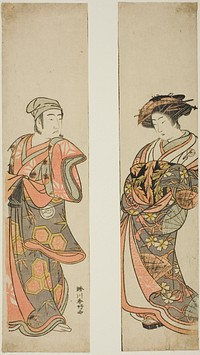 The Actor Nakamura Tomijuro I as a courtesan (right) and Sawamura Sojuro III as Oyamada Taro (?) disguised as Tarosaku of Oyamada Village (left) in the play "Azuma no Mori Sakae Kusunoki," performed at the Ichimura Theater in the eleventh month, 1779 by Katsukawa Shunkо̄