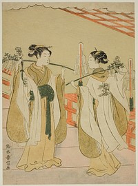 Shrine Maidens Onami and Ohatsu Dancing at Yushima Tenjin Shrine by Suzuki Harunobu