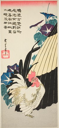 Rooster, umbrella, and morning glories by Utagawa Hiroshige