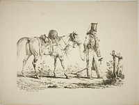 Hussard Walking in Front of his Horse, Smoking a Pipe by Carle Vernet