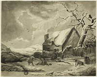 Winter Scene with People Outside a Cottage Near a Pond by Unknown artist