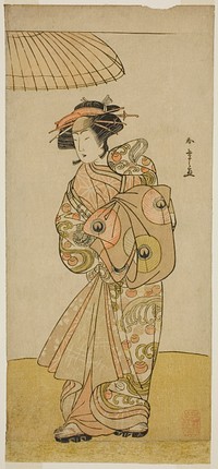 The Actor Ikushima Daikichi III as the Courtesan Naniwazu in the Play Saki Masuya Ume no Kachidoki, Performed at the Ichimura Theater in the Eleventh Month, 1777 by Katsukawa Shunsho