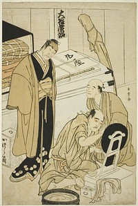 Actor Ôtani Hiroji III in His Dressing Room, Assisted by (possibly) Ôtani Tokuji I and Observed by (possibly) Nakamura Nakazô I by Katsukawa Shunsho