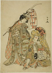 The Actors Nakamura Nakazo I as Onmaya Kisanda Dressed as Kakubei the Lion Dancer (Kakubei-jishi) (right) and Segawa Kikunojo III as Shizuka Gozen (left), in the Dance Sequence "Myoto-zake Kawaranu Nakanaka" (Everlasting Harmony of the Marital Cup), from the Second Part of the Play Chigo Torii Tobiiri Kitsune (Heavenly Child—The Fox Leaps Through the Shrine Gate), Performed at the Ichimura Theater in the Eleventh Month, 1777 by Katsukawa Shunsho