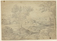 Italianate Landscape with Buildings by Follower of Nicolas Poussin