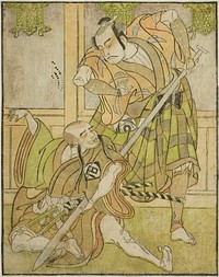 The Actors Kasaya Matakuro II as Nobuyori Disguised as the Yakko Gunnai (right), and Miyazaki Hachizo as the Lay Monk Hambyo Nyudo (left), in the Play Nue no Mori Ichiyo no Mato, Performed at the Nakamura Theater in the Eleventh Month, 1770 by Katsukawa Shunsho