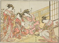 Courtesans of the Takeya, from the book "Mirror of Beautiful Women of the Pleasure Quarters (Seiro bijin awase sugata kagami)," vol. 1 by Katsukawa Shunsho