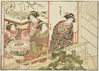 Courtesans of the Kiribishiya, from the book "Mirror of Beautiful Women of the Pleasure Quarters (Seiro bijin awase sugata kagami)," vol. 2 by Katsukawa Shunsho