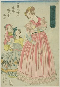 Dutch Woman Making a Toast to Her Children (Oranda fujin kyosho aijido no zu), from the series "Foreigners Drawn from Life (Ikiutsushi ikoku jinbutsu)" by Utagawa Sadahide