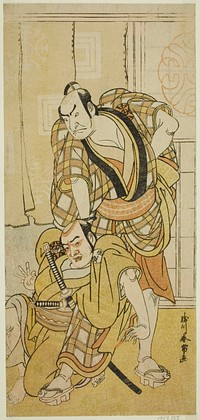 The Actors Nakamura Nakazo I as Tenjiku Tokubei (?) (right) and Bando Kumajuro as the Shopman Dempachi (?) (left), in the Play Keisei Katabira ga Tsuji (?), Performed at the Ichimura Theater (?) in the Eighth Month, 1783 (?) by Katsukawa Shunjо̄