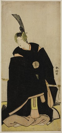 The Actor Nakamura Tomijuro I as Taira no Masakado Disguised as Otomo no Kuronushi (?) or Sugawara Micihizane (?) in the Play Shida Yuzuriha Horai Soga (?) or Sugawara Denju Tenarai Kagami (?), Performed at the Morita Theater (?) in the First or Fifth Month, 1775 (?) by Katsukawa Shunkо̄
