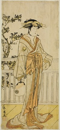 The Actor Iwai Hanshiro IV as Okumi of the Mieido Fan Shop (?) in the Play Sanjuk-koku Yobune no Hajimari (?), Performed at the Ichimura Theater (?) in the Fifth Month, 1789 (?) by Katsukawa Shun'ei