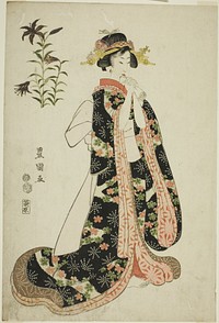 Lilies: young woman holding a letter, from an untitled series of beauties and flowers by Utagawa Toyokuni I