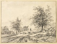 Goatherd, Goats on Road near Carriage and House by Bruno van Straaten