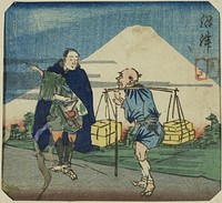 Numazu, section of a sheet from the series "A Harimaze Mirror of Joruri Plays (Harimaze joruri kagami)" by Utagawa Kuniyoshi