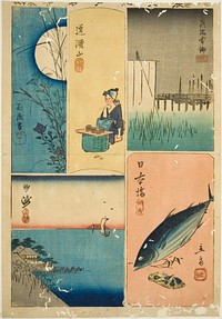 Eitai Bridge, Nihon Bridge, Susaki, Flower Garden, and Dokan Hill (Eitaibashi, Nihonbashi, Susaki, Hanayashiki, Dokanyama), from the series "Cutouts of Famous Places in Edo (Harimaze Koto meisho)" by Utagawa Hiroshige