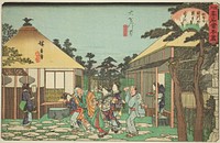 The Tagawaya Restaurant in Front of Daionji (Daionji mae, Tagawaya), from the series "Famous Restaurants of Edo (Edo komei kaitei zukushi)" by Utagawa Hiroshige