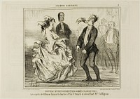 New Entertainment at the Parisian Evening Parties. The spirit of Mr. Hume shaving the beard of Monsieur de St. Potard and undoing the hair of Madame Coffignon, plate 8 from Ces Bons Parisiens by Honoré-Victorin Daumier