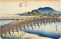 Okazaki: Yahagi Bridge (Okazaki, Yahagi no hashi), from the series "Fifty-three Stations of the Tokaido (Tokaido gojusan tsugi no uchi)," also known as the Hoeido Tokaido by Utagawa Hiroshige