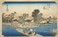 Kawasaki: The Rokugo Ferry (Kawasaki, Rokugo watashibune), from the series "Fifty-three Stations of the Tokaido (Tokaido gojusan tsugi no uchi)," also known as the Hoeido Tokaido by Utagawa Hiroshige